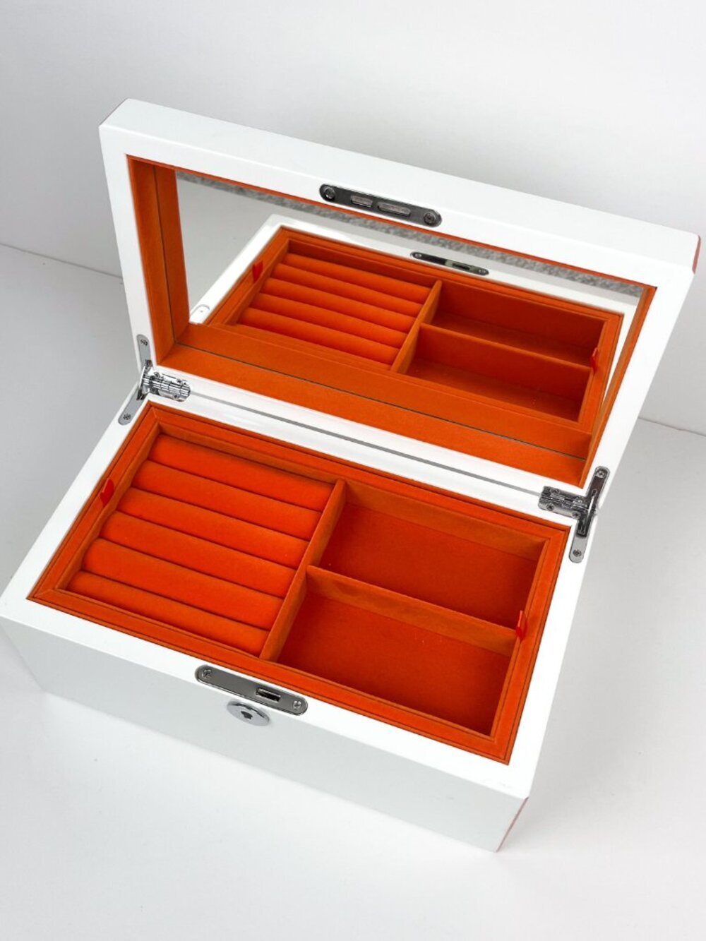 Jewelry Box Lock & Key Orange White High Gloss Wood Velvet Lined 11x6.5x5"
